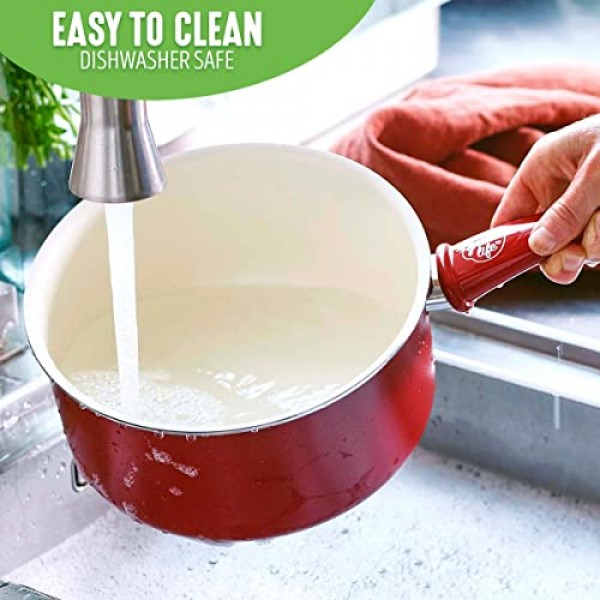GreenLife 소프트 그립 건강한 세라믹 논스틱, 1QT 및 2QT 냄비 세트(뚜껑 포함), PFAS 없음, 식기세척기 사용 가능, 빨간색