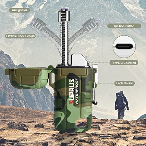 SUPRUS 방수 라이터 방풍 라이터 아크 플라즈마 라이터 USB-C 야외, 캠핑 및 주방용 확장 가능하고 유연한 목이 있는 충전식(위장)