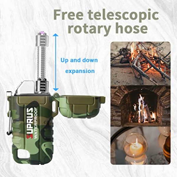 SUPRUS 방수 라이터 방풍 라이터 아크 플라즈마 라이터 USB-C 야외, 캠핑 및 주방용 확장 가능하고 유연한 목이 있는 충전식(위장)