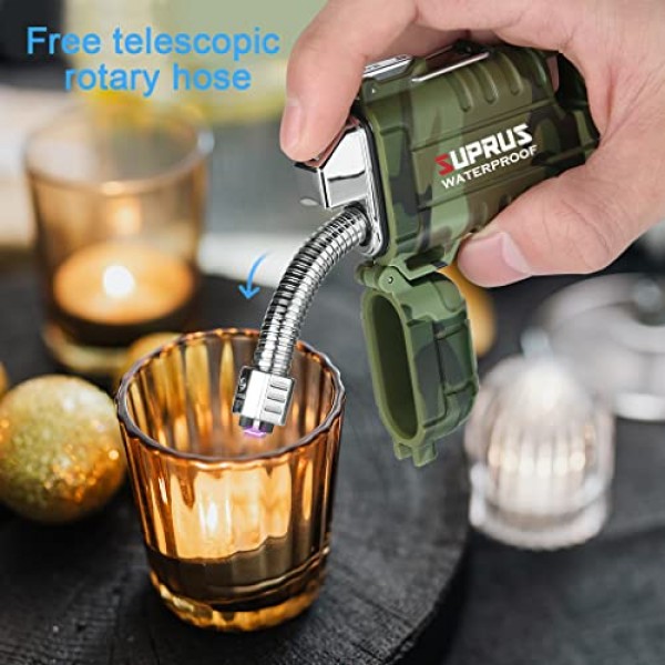 SUPRUS 방수 라이터 방풍 라이터 아크 플라즈마 라이터 USB-C 야외, 캠핑 및 주방용 확장 가능하고 유연한 목이 있는 충전식(위장)