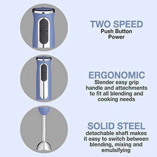 Rae Dunn 이머전 핸드 블렌더 - 달걀 거품기 및 우유 거품기 부착 장치가 포함된 핸드헬드 이머전 블렌더, 2단 블렌더, 500와트, 스테인레스 스틸 블레이드(네이비)