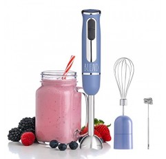 Rae Dunn 이머전 핸드 블렌더 - 달걀 거품기 및 우유 거품기 부착 장치가 포함된 핸드헬드 이머전 블렌더, 2단 블렌더, 500와트, 스테인레스 스틸 블레이드(네이비)