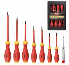 XOOL 1000V 절연 전기기사 스크루드라이버 세트(자석 팁 포함, 슬롯형 및 필립스 비트 미끄럼 방지 그립, 8개)