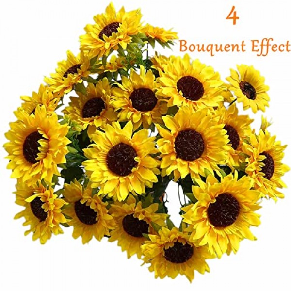 4 묶음 인공 꽃 줄기가 있는 해바라기 꽃다발 실크 해바라기 결혼식 장식, DIY 정원 공예 예술 장식, 파티 장식, 가정 장식, 신부 들고 꽃을 위한 가짜 노란색 꽃