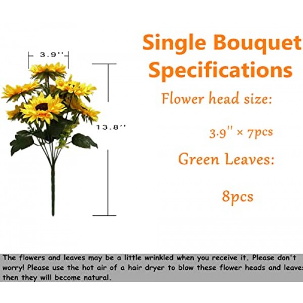 4 묶음 인공 꽃 줄기가 있는 해바라기 꽃다발 실크 해바라기 결혼식 장식, DIY 정원 공예 예술 장식, 파티 장식, 가정 장식, 신부 들고 꽃을 위한 가짜 노란색 꽃