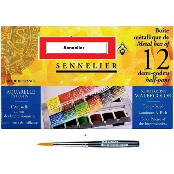 Sennelier 엑스트라 파인 수채화 물감, 수채화 물감 상자, 금속 상자, 프랑스산 12 x 1/2 팬 및 Da Vinci XS Synthetic Brush Travel(Sennelier FRANCE)