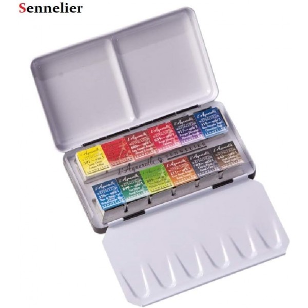 Sennelier 엑스트라 파인 수채화 물감, 수채화 물감 상자, 금속 상자, 프랑스산 12 x 1/2 팬 및 Da Vinci XS Synthetic Brush Travel(Sennelier FRANCE)
