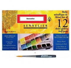 Sennelier 엑스트라 파인 수채화 물감, 수채화 물감 상자, 금속 상자, 프랑스산 12 x 1/2 팬 및 Da Vinci XS Synthetic Brush Travel(Sennelier FRANCE)