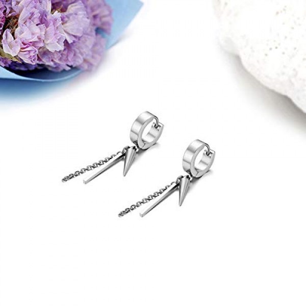 JewelryWe Jewellery 남성용 후프 귀걸이 송곳 테이퍼 레이스, 체인 및 직육면체 펜던트 스테인레스 스틸 귀 커프 스터드 귀걸이 남성용 여성용 귀 피어싱 블랙/골드/실버