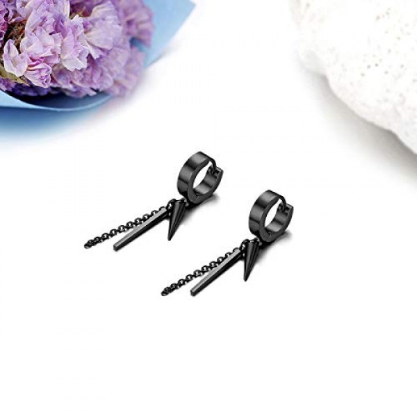 JewelryWe Jewellery 남성용 후프 귀걸이 송곳 테이퍼 레이스, 체인 및 직육면체 펜던트 스테인레스 스틸 귀 커프 스터드 귀걸이 남성용 여성용 귀 피어싱 블랙/골드/실버