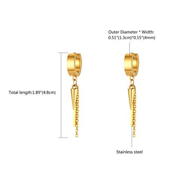 JewelryWe Jewellery 남성용 후프 귀걸이 송곳 테이퍼 레이스, 체인 및 직육면체 펜던트 스테인레스 스틸 귀 커프 스터드 귀걸이 남성용 여성용 귀 피어싱 블랙/골드/실버