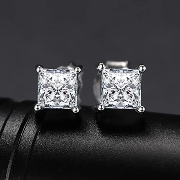 JewelryPalace 프린세스 컷 Moissanite 스터드 귀걸이 실버 925 여성, 신부 보석 세트, 귀걸이 실버 스퀘어 걸스 보석, 스터드 귀걸이 실버 스몰 스톤 여성용 여성용 로즈 골드 
