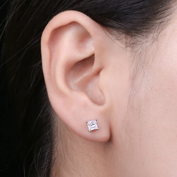 JewelryPalace 프린세스 컷 Moissanite 스터드 귀걸이 실버 925 여성, 신부 보석 세트, 귀걸이 실버 스퀘어 걸스 보석, 스터드 귀걸이 실버 스몰 스톤 여성용 여성용 로즈 골드 