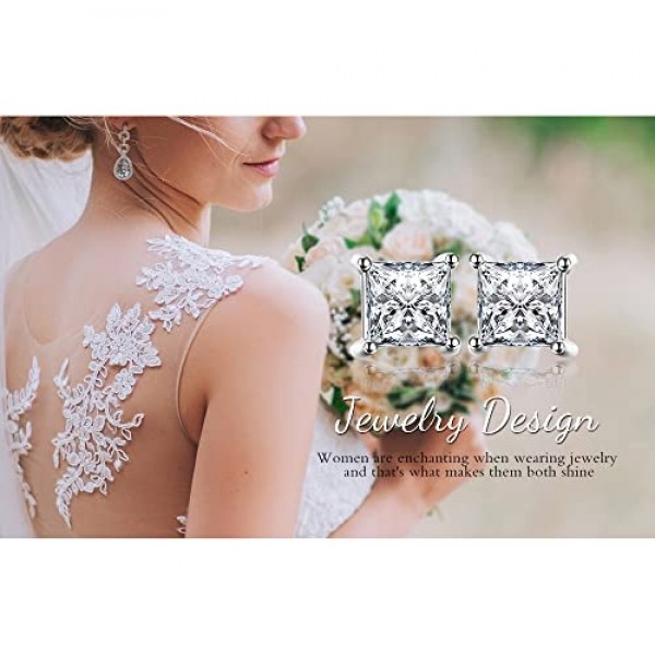 JewelryPalace 프린세스 컷 Moissanite 스터드 귀걸이 실버 925 여성, 신부 보석 세트, 귀걸이 실버 스퀘어 걸스 보석, 스터드 귀걸이 실버 스몰 스톤 여성용 여성용 로즈 골드 