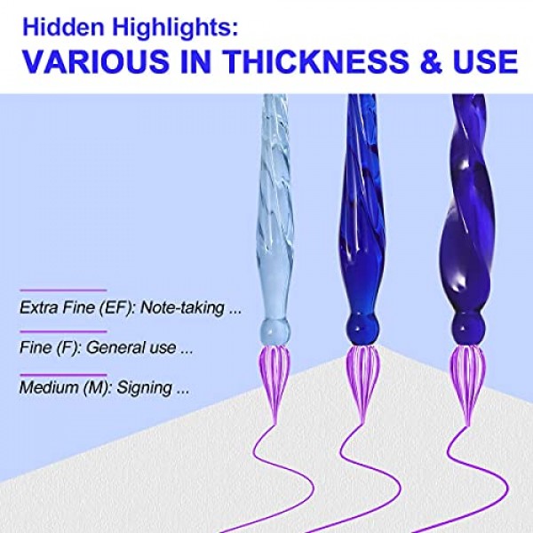 ESSSHOP 3 푸른 유리 서예 펜 크리스탈 유리 딥 펜 및 컬러 잉크 펜 홀더 세트 서명, 초보자를위한 미술 용품 ​​저널링 레터링 드로잉 휴일 선물 장식