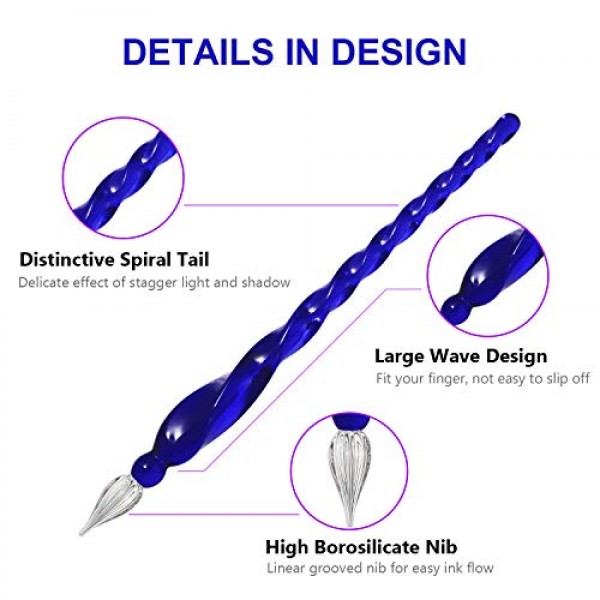 ESSSHOP 3 푸른 유리 서예 펜 크리스탈 유리 딥 펜 및 컬러 잉크 펜 홀더 세트 서명, 초보자를위한 미술 용품 ​​저널링 레터링 드로잉 휴일 선물 장식