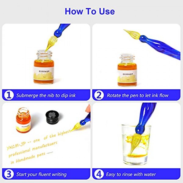 ESSSHOP 3 푸른 유리 서예 펜 크리스탈 유리 딥 펜 및 컬러 잉크 펜 홀더 세트 서명, 초보자를위한 미술 용품 ​​저널링 레터링 드로잉 휴일 선물 장식
