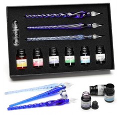 ESSSHOP 3 푸른 유리 서예 펜 크리스탈 유리 딥 펜 및 컬러 잉크 펜 홀더 세트 서명, 초보자를위한 미술 용품 ​​저널링 레터링 드로잉 휴일 선물 장식