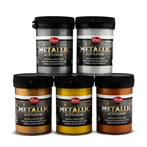 Viva Decor® 메탈릭 아크릴 페인트(실버, 실버 그레이, 골드, 브론즈, 구리, 5 x 3,38 Fl ozl) 메탈릭 효과가 있는 매력적인 아크릴 페인트, 붓는 아크릴 페인트 세트 메탈릭 - 