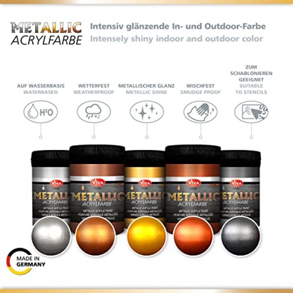 Viva Decor® 메탈릭 아크릴 페인트(실버, 실버 그레이, 골드, 브론즈, 구리, 5 x 3,38 Fl ozl) 메탈릭 효과가 있는 매력적인 아크릴 페인트, 붓는 아크릴 페인트 세트 메탈릭 - 