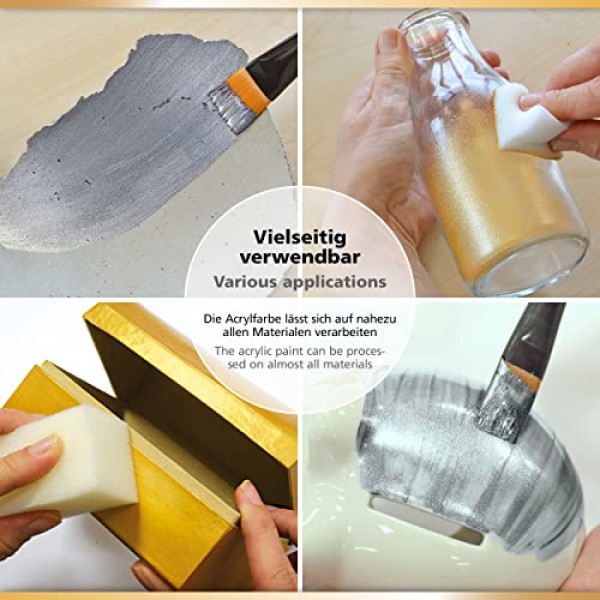 Viva Decor® 메탈릭 아크릴 페인트(실버, 실버 그레이, 골드, 브론즈, 구리, 5 x 3,38 Fl ozl) 메탈릭 효과가 있는 매력적인 아크릴 페인트, 붓는 아크릴 페인트 세트 메탈릭 - 