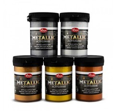 Viva Decor® 메탈릭 아크릴 페인트(실버, 실버 그레이, 골드, 브론즈, 구리, 5 x 3,38 Fl ozl) 메탈릭 효과가 있는 매력적인 아크릴 페인트, 붓는 아크릴 페인트 세트 메탈릭 - 