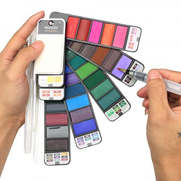 MEEDEN 여행용 수채화 물감 세트: 휴대용 42가지 다양한 수채화 물감 페인트 키트(브러시 4개 포함)