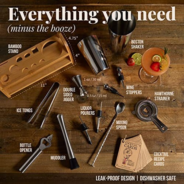 믹솔로지 및 크래프트 바텐더 키트 - 바 스탠드 및 보스턴 셰이커를 사용한 스테인레스 스틸 칵테일 만들기가 포함된 13피스 세트, 집에서 음료 혼합에 적합, 독점 레