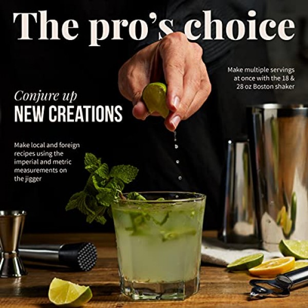 믹솔로지 및 크래프트 바텐더 키트 - 바 스탠드 및 보스턴 셰이커를 사용한 스테인레스 스틸 칵테일 만들기가 포함된 13피스 세트, 집에서 음료 혼합에 적합, 독점 레