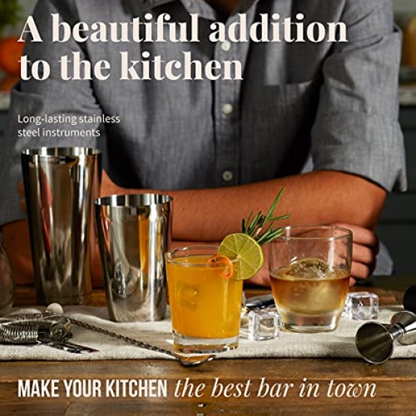 믹솔로지 및 크래프트 바텐더 키트 - 바 스탠드 및 보스턴 셰이커를 사용한 스테인레스 스틸 칵테일 만들기가 포함된 13피스 세트, 집에서 음료 혼합에 적합, 독점 레