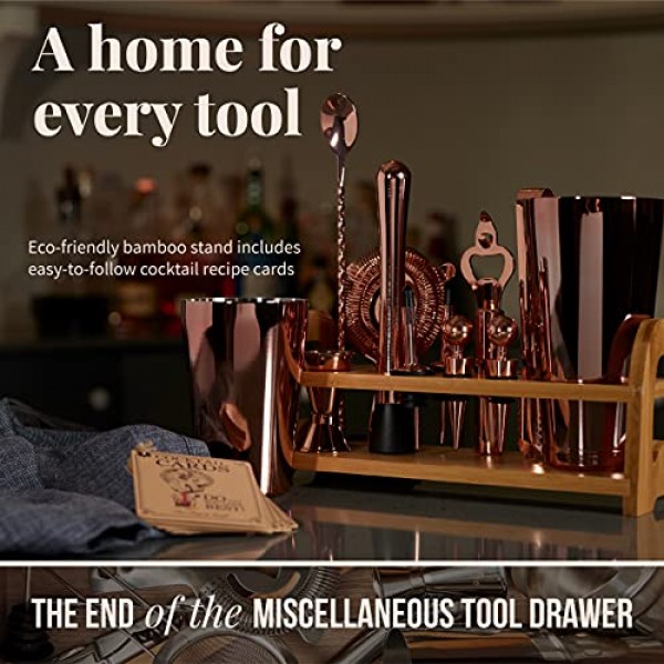 믹솔로지 및 크래프트 바텐더 키트 - 바 스탠드 및 보스턴 셰이커를 사용한 스테인레스 스틸 칵테일 만들기가 포함된 13피스 세트, 집에서 음료 혼합에 적합, 독점 레