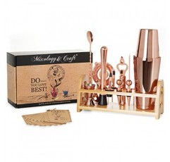 믹솔로지 및 크래프트 바텐더 키트 - 바 스탠드 및 보스턴 셰이커를 사용한 스테인레스 스틸 칵테일 만들기가 포함된 13피스 세트, 집에서 음료 혼합에 적합, 독점 레