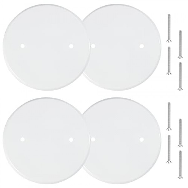 4팩 5인치 천장 커버 플레이트 금속 평면 원형 전기 커버 나사가 있는 빈 원형 ​​벽 플레이트 천장 팬 스위치 캡 커버, 구멍 간격 2.75인치, 흰색(3-1/2인치 전기 상자용