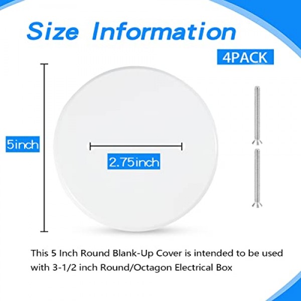 4팩 5인치 천장 커버 플레이트 금속 평면 원형 전기 커버 나사가 있는 빈 원형 ​​벽 플레이트 천장 팬 스위치 캡 커버, 구멍 간격 2.75인치, 흰색(3-1/2인치 전기 상자용