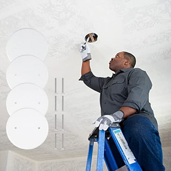 4팩 5인치 천장 커버 플레이트 금속 평면 원형 전기 커버 나사가 있는 빈 원형 ​​벽 플레이트 천장 팬 스위치 캡 커버, 구멍 간격 2.75인치, 흰색(3-1/2인치 전기 상자용