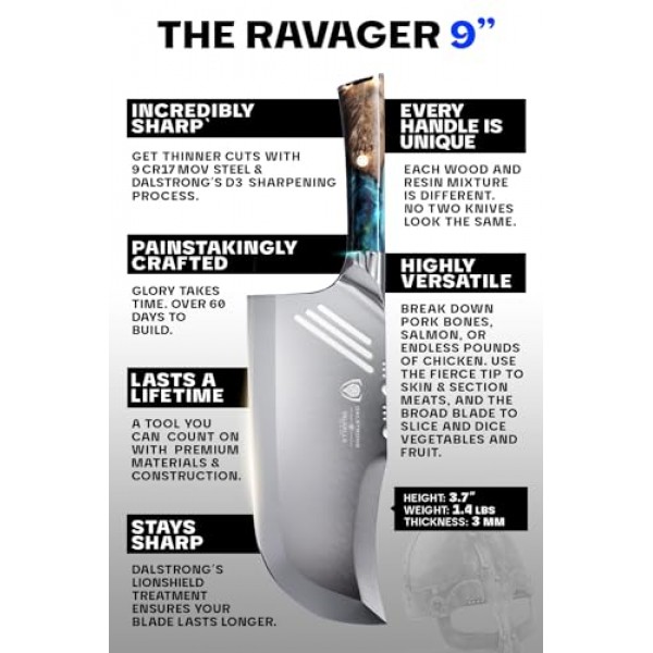 Dalstrong Valhalla Series The Ravager High Carbon 9CR18MOV Steel Massive Cleaver Kitchen Knife with Celestial Resin & Wood Handle, 9인치, 가죽 칼집 포함