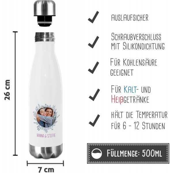 PR Print Royal 스테인레스 스틸 음료수 병 디자인 사진 프레임 및 텍스트-보온병, 물병 BPA 프리, 캠핑, 학교, 스포츠 I 맞춤 선물, 꽃 프레임 1, 500ml 500ml 꽃 프레임 1