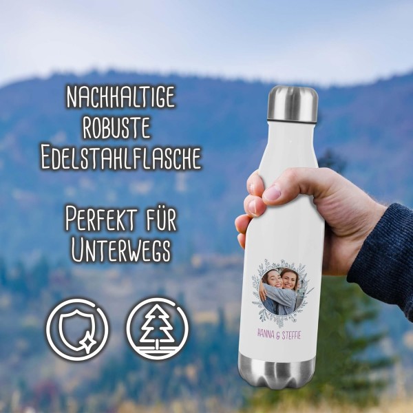 PR Print Royal 스테인레스 스틸 음료수 병 디자인 사진 프레임 및 텍스트-보온병, 물병 BPA 프리, 캠핑, 학교, 스포츠 I 맞춤 선물, 꽃 프레임 1, 500ml 500ml 꽃 프레임 1