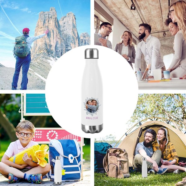 PR Print Royal 스테인레스 스틸 음료수 병 디자인 사진 프레임 및 텍스트-보온병, 물병 BPA 프리, 캠핑, 학교, 스포츠 I 맞춤 선물, 꽃 프레임 1, 500ml 500ml 꽃 프레임 1