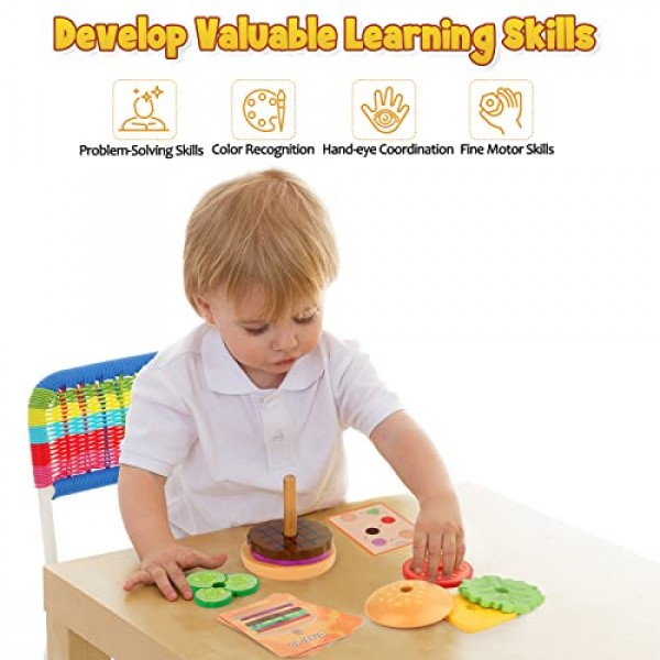 Aizweb Montessori Toys for 3 Year Old - 유아 및 어린이를위한 나무 버거 쌓기 장난감 유치원, 교육용 장난감, 미세 운동 기술 장난감, 유아용 블록, 학습 장난감 선물