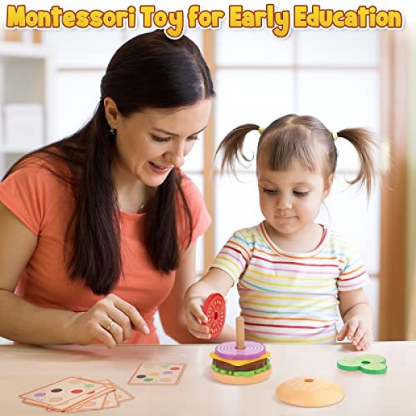 Aizweb Montessori Toys for 3 Year Old - 유아 및 어린이를위한 나무 버거 쌓기 장난감 유치원, 교육용 장난감, 미세 운동 기술 장난감, 유아용 블록, 학습 장난감 선물