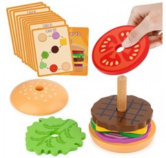 Aizweb Montessori Toys for 3 Year Old - 유아 및 어린이를위한 나무 버거 쌓기 장난감 유치원, 교육용 장난감, 미세 운동 기술 장난감, 유아용 블록, 학습 장난감 선물