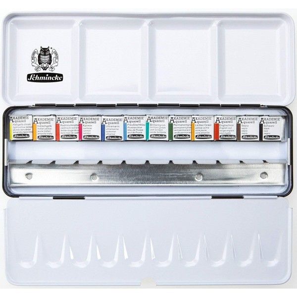 Schmincke 수채화 물감, 아카데미 수채화 물감 상자, 금속 상자, Da Vinci XS Synthetic Brush Voyage 팬이 있는 12 x 1/2