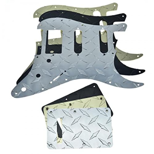 KAISH 프리미엄 다이아몬드 플레이트 11 홀 Strat HSS 픽가드 알루미늄 스크래치 플레이트 및 백플레이트 미국/멕시코 FD Stratocaster Silver용 나사가 있는 트레몰로 트렘 커버