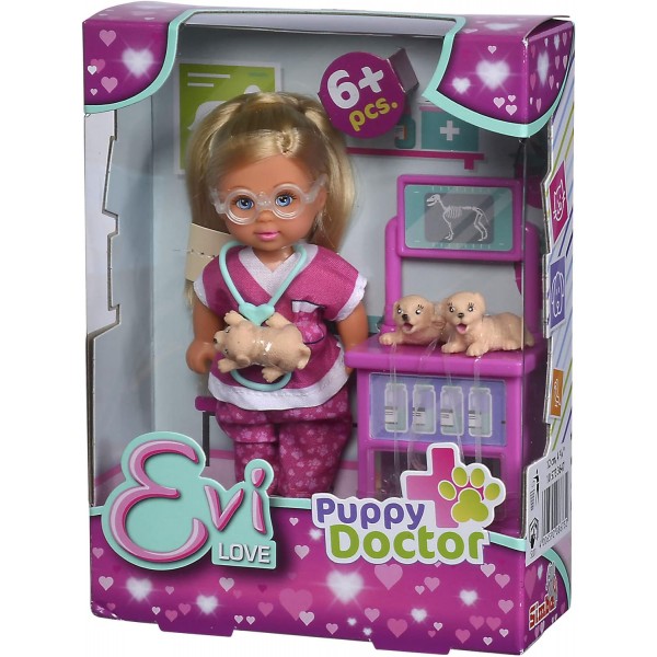Simba 105733647 Evi Love Puppy Doctor, 안경을 쓴 수의사 인형 놀이, 강아지 3마리, 트리트먼트 테이블, 액세서리, 12cm, 3세부터