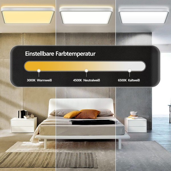 bedee LED 천장 조명 평면, 36 W 4800 LM LED 전구 천장 조명, 2.4 cm 초박형 조절 가능 3000 K / 4500 K / 6500 K IP44 현대 램프 천장 거실, 침실, 주방, 30 x 30 cm 화이트 ohne Fernbedienung