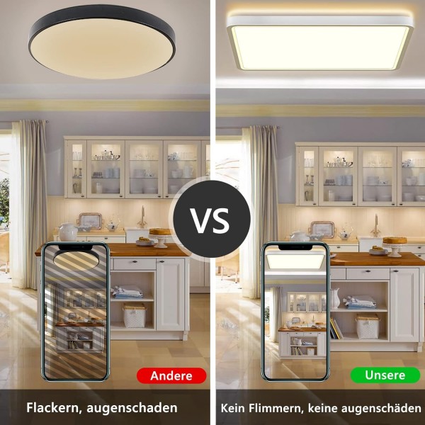 bedee LED 천장 조명 평면, 36 W 4800 LM LED 전구 천장 조명, 2.4 cm 초박형 조절 가능 3000 K / 4500 K / 6500 K IP44 현대 램프 천장 거실, 침실, 주방, 30 x 30 cm 화이트 ohne Fernbedienung