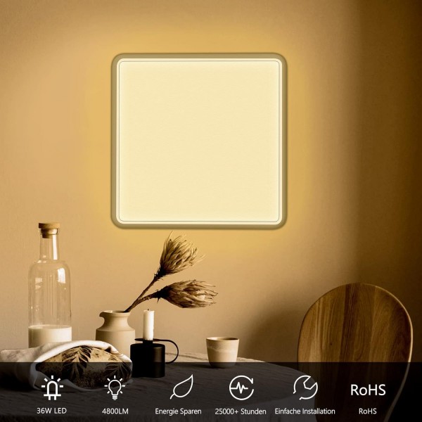 bedee LED 천장 조명 평면, 36 W 4800 LM LED 전구 천장 조명, 2.4 cm 초박형 조절 가능 3000 K / 4500 K / 6500 K IP44 현대 램프 천장 거실, 침실, 주방, 30 x 30 cm 화이트 ohne Fernbedienung