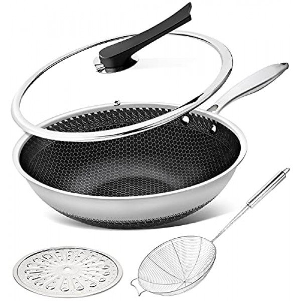 뚜껑이 있는 MICHELANGELO 웍 팬, 거미 여과기 및 스팀 랙이 있는 12인치 스테인레스 스틸 웍, 벌집 및 볶음 팬 플랫 바닥 웍 인덕션 호환, 식기세척기 및 오븐 안전