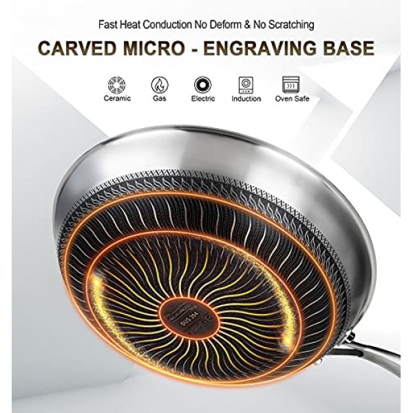 뚜껑이 있는 MICHELANGELO 웍 팬, 거미 여과기 및 스팀 랙이 있는 12인치 스테인레스 스틸 웍, 벌집 및 볶음 팬 플랫 바닥 웍 인덕션 호환, 식기세척기 및 오븐 안전